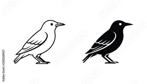 Small songbird profile icon set featuring linear and solid black silhouettes for wildlife and nature conservation design projects