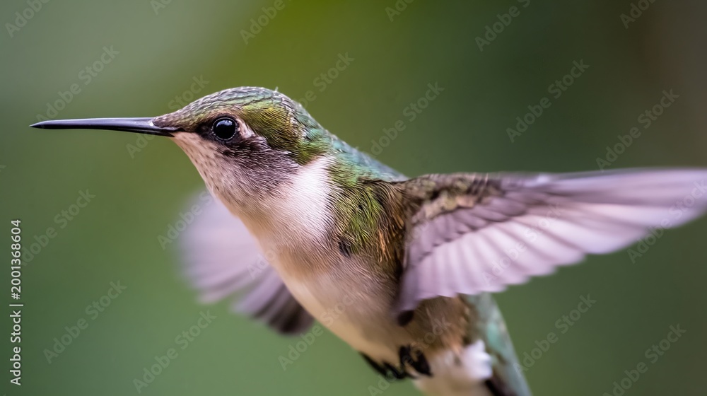 Fototapeta premium Hummingbird in Flight Showcasing Pearllike Organ for Flying in Vibrant Green Setting