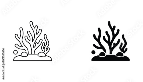 Underwater coral reef icon set featuring seaweed and rocks in linear and solid black silhouette styles for marine life and ocean conservation