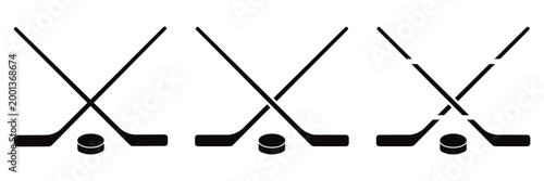 Crossed Ice Hockey Sticks with Puck Black and White Silhouette Vector Icon for Sports Design