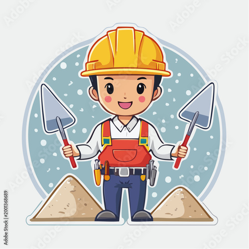 Cute Cartoon Construction Worker Holding Trowels