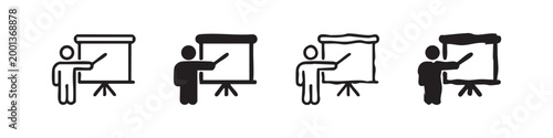 Presentation and teaching icon set with person and whiteboard