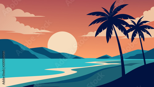  Tropical Beach Palm Trees Ocean Waves Wide Sky Copy Space Minimal Flat Illustration