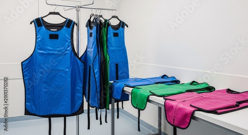 Colorful lead aprons for radiation protection.