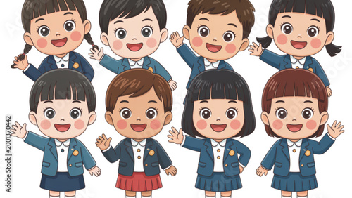 Group of diverse cartoon students standing together in classroom setting