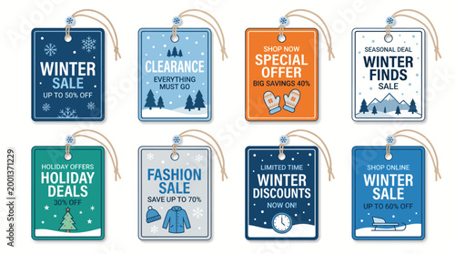 Winter sale tags vector set with discount labels hanging price tags and retail promotion stickers