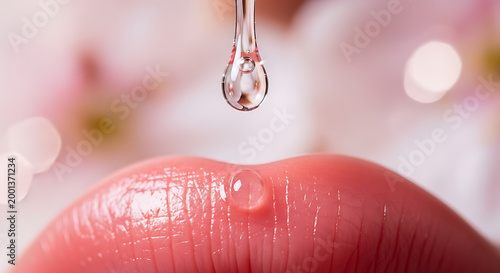 Close up of lip care essence droplet on pink lips with blurred floral background and soft lighting