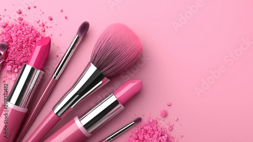 Various pink makeup items including lipsticks and brushes on pink backdrop with cosmetics