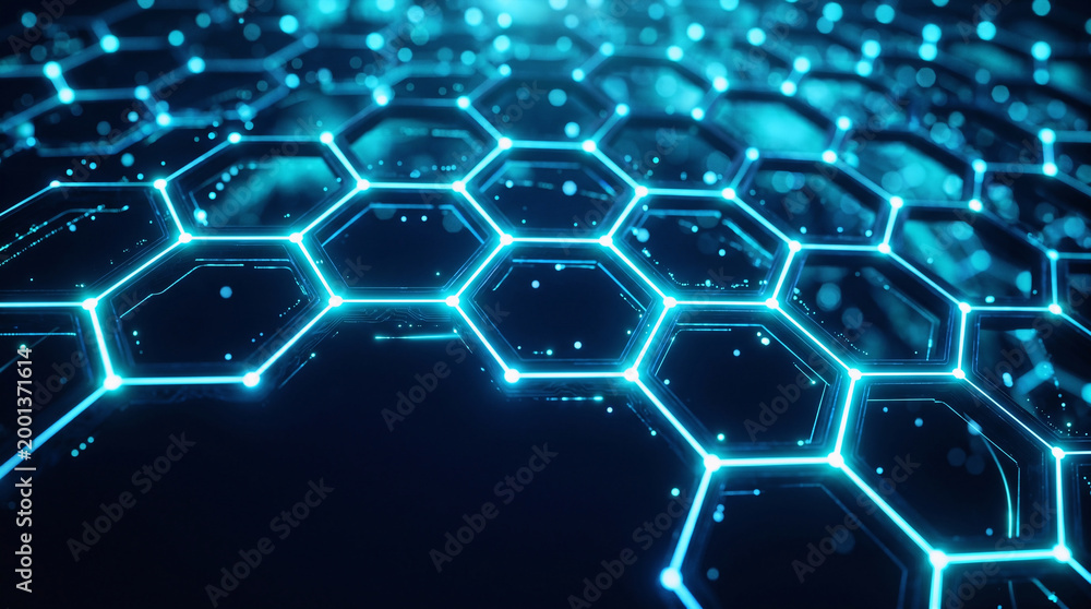 Fototapeta premium Abstract technology hexagonal network background with blue glowing lights and digital connection