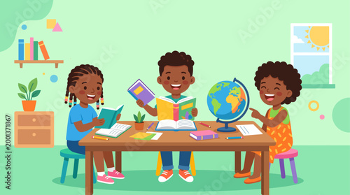 Young African students happily studying together at a desk with a globe, books and learning materials