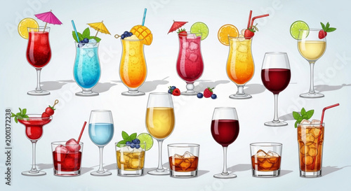 Collection of colorful tropical cocktails and drinks summer refreshment for parties and bars isolated on light blue backgroun