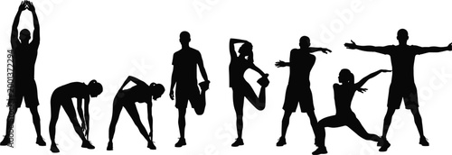Set of stretching exercise silhouettes featuring warm up poses, flexibility training and fitness routine collection isolated for sport and health design