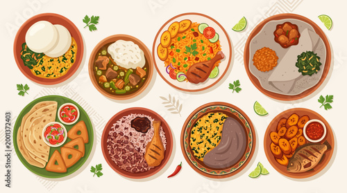 A vibrant overhead view of traditional African cuisine, showcasing a variety of delicious and colorful dishes from across the continent