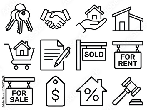 Real estate and property sales line icon set including house for sale rent mortgage and legal auction gavel icons