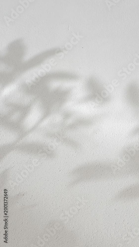 Minimal silhouette shadow of tropical leaves swaying in the wind on gray clean cement wall background in slow motion. Vertical orientation for social media.for summer concept