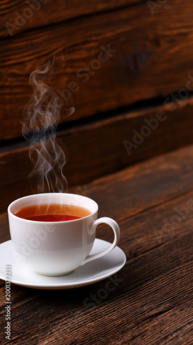 Steaming cup of hot herbal tea on a dark rustic wooden table. Close up of white ceramic teacup with gentle steam and cozy warm atmosphere.