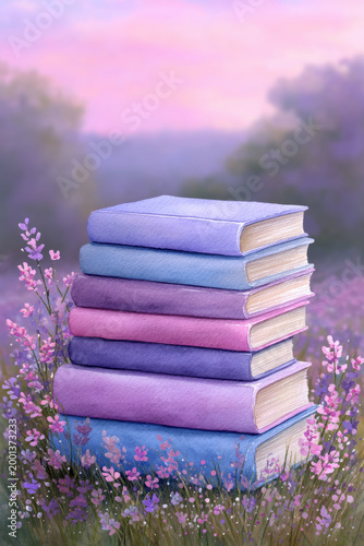 Whimsical watercolor painting of a stack of books in a lavender flower field at sunset. Dreamy illustration for kids, education, and fantasy concept.