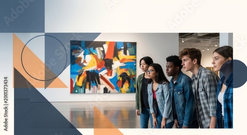 Diverse group of young adults in casual clothing observing abstract art in a modern gallery setting.