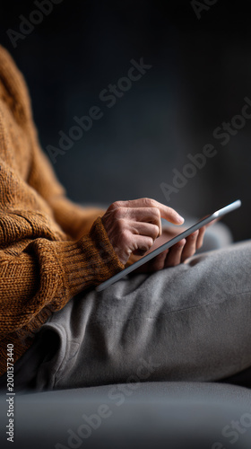 Close up of hand using digital tablet for online learning or social media. Person in warm sweater scrolling screen on couch at home, lifestyle concept.