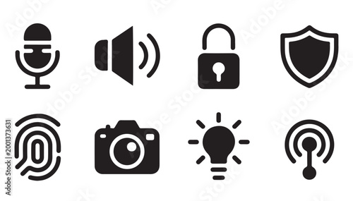 Security and multimedia web icon set for digital interface design in minimalist flat style.