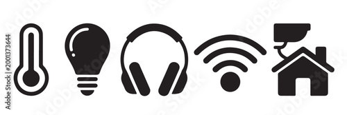 Smart home technology icon collection including temperature lighting and security symbols.
