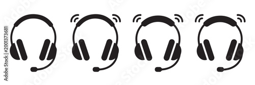 Set of four headset icons with microphone and sound waves signal.