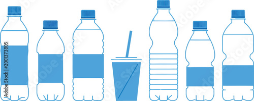 Vector illustration of assorted plastic water bottles and a disposable cup graphic