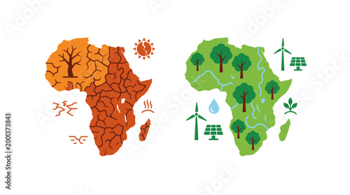 A Visual Contrast of Environmental Challenges and Sustainable Solutions in Africa Highlighting Drought, Deforestation, and the Promise of Green Energy Initiatives