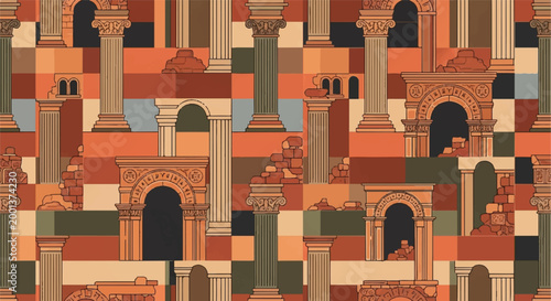 Architectural elements pattern repeating design colorful structures vector