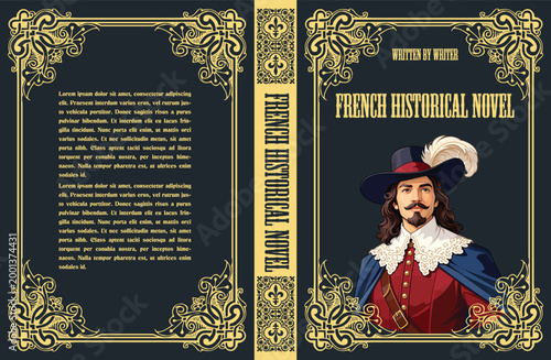 081-37-Illustrated book jacket for a french historical novel with a baroque frame and text