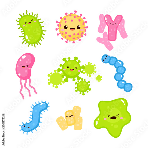 Cute virus and bacteria microorganism cartoon clipart