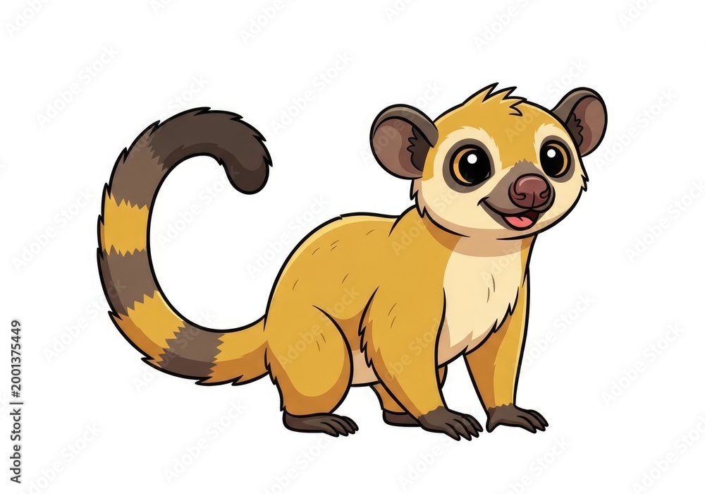 Fototapeta premium Cute Cartoon Kinkajou Standing with Curled Tail on White Background