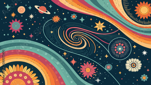 Colorful retro space illustration with stars, planets, sun, and floral elements vintage 70s psychedelic cosmic galaxy background boho celestial art
