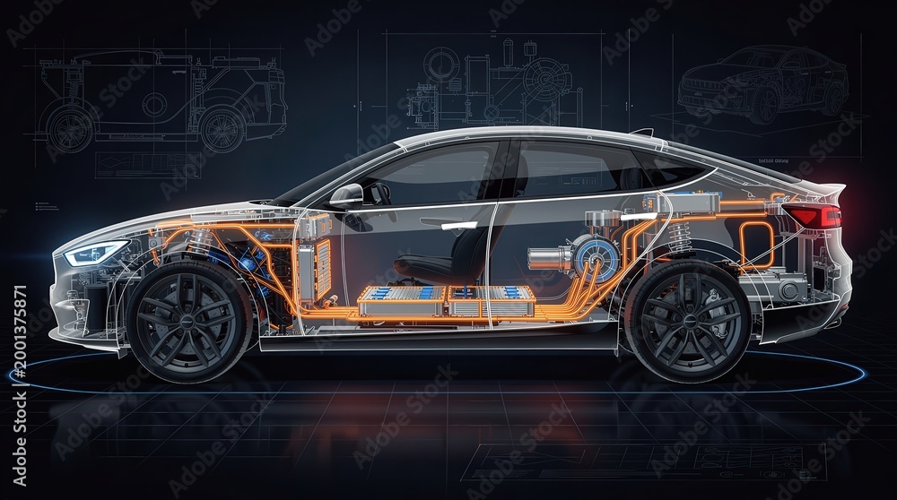 Naklejka premium Transparent side view of an electric car showing detailed internal components and wiring against a dark background with technical blueprints.