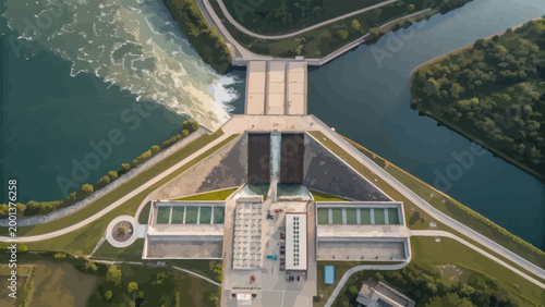 Aerial view of a hydroelectric dam and power plant facility with water flowing through spillways, surrounded by lush green landscape and river banks