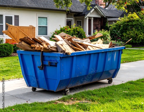 Large blue dumpster on sidewalk overflowing with discarded wood scraps