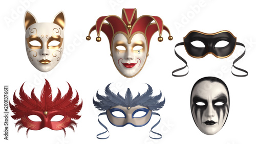 Set of six colorful mask faces with red and black accents for halloween or costume design Vector
