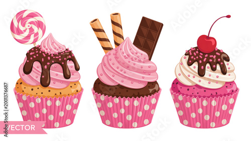 Colorful cartoon cupcakes with ice cream and candy toppers on white background Vector