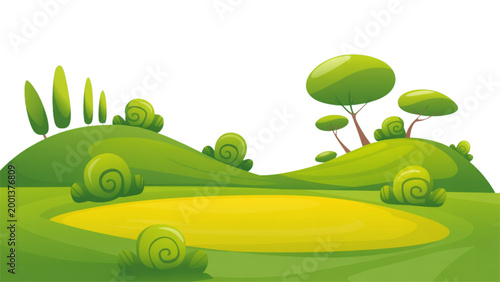 Flat vector illustration of a peaceful green meadow with trees and hills Vector
