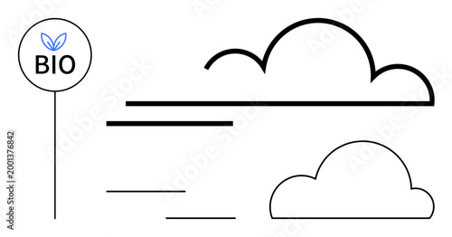 Sustainability, eco-consciousness, renewable energy, natural resources, clean environment, green technology. Minimalist clouds, wind lines and a bio sign with a leaf icon. Sustainability