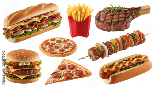 Assorted fast food burgers, fries, and chicken nuggets on a colorful plate Vector