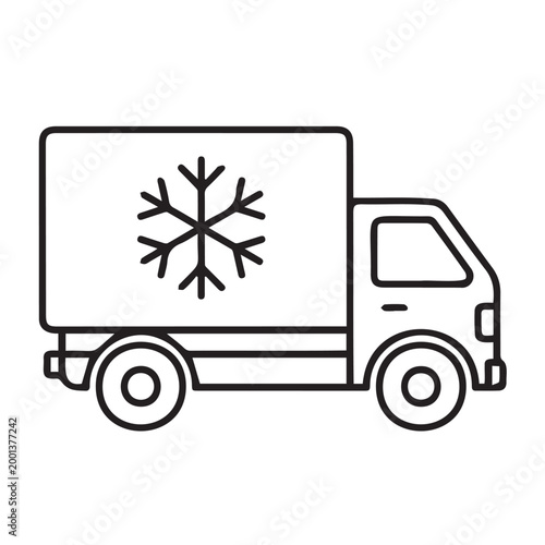 Black line icon of refrigerated delivery truck with snowflake Vector, illustration