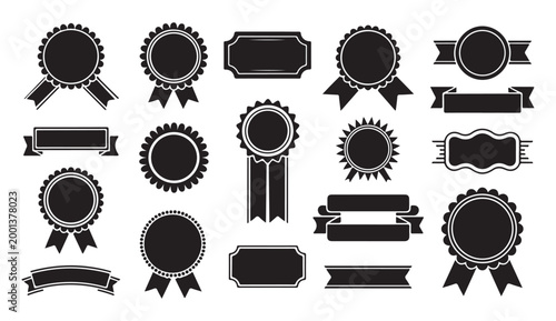 Collection of award medals ribbons and circular badges for business and achievement logos.