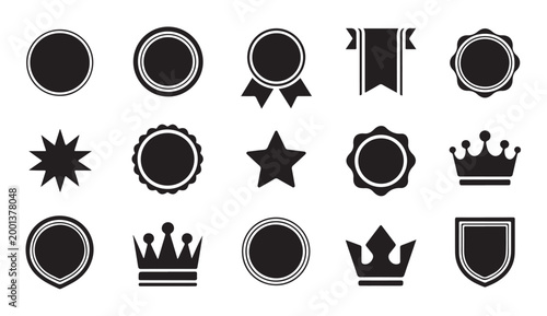 Set of black vector design elements including various badges ribbons shields and crowns.