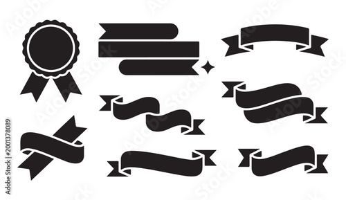Set of black vector ribbons and round award badge design elements for labeling purposes.