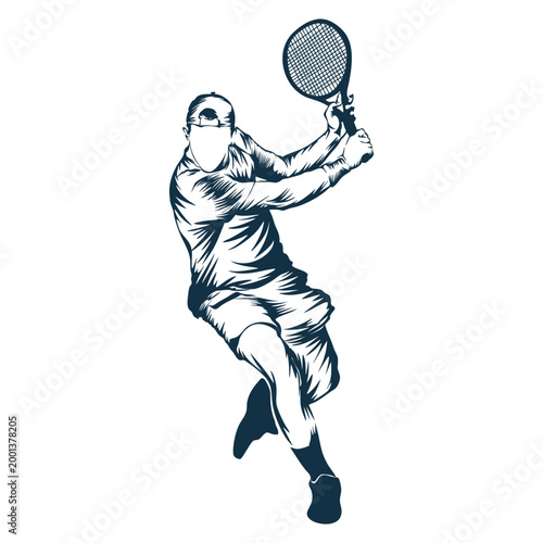 Stylized illustration of a male tennis player in mid-action, possibly executing a forehand stroke.
