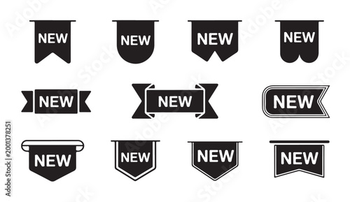 Set of new labels with different ribbon shapes and decorative elements in black icon style.