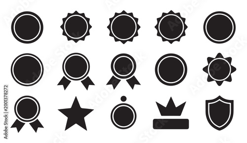 Collection of award badges and round labels with ribbons and stars for professional design.