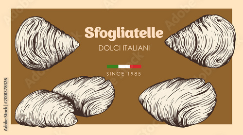 Traditional italian sweets Sfogliatelle set. Hand drawn sketch style. Puff pastry with cream inside. Best for menu and package design. Vector illustrations.