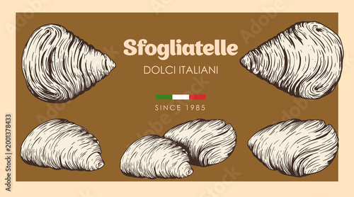 Traditional italian sweets Sfogliatelle set. Hand drawn sketch style. Puff pastry with cream inside. Best for menu and package design. Vector illustrations.